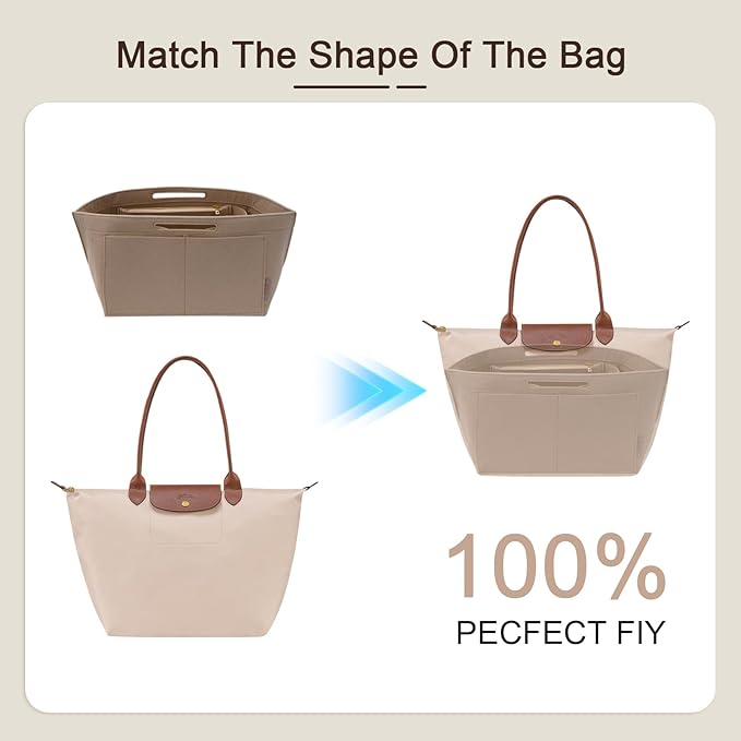 ZTUJO Purse Organizer Insert For Longchamp Le Pliage, Premium Felt Longchamp Purse Organizer Insert Small Medium Large, Tote Organizer Insert (Beige, Large For Top Handle M And Shoulder Bag L)