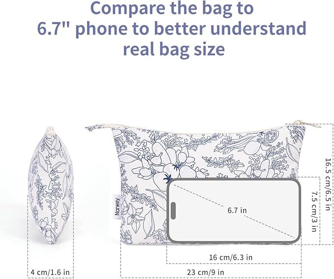 Narwey Small Makeup Bag for Purse Travel Makeup Pouch Cosmetic Bag Zipper Pouch Bags for Women (Navy Blue Flower)