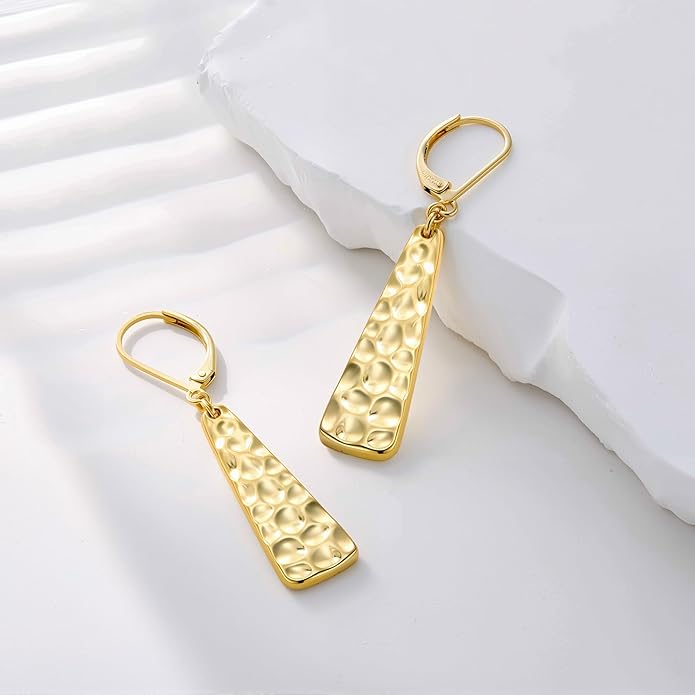 ALEXCRAFT 925 Sterling Silver Dangle Earrings for Women, 14K Gold Plated French Leverback Earrings, Hypoallergenic Lightweight Statement Hammer Square Bar Long Drop Earing for Women Trendy Jewelry