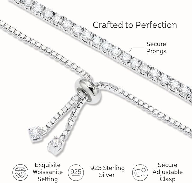 LOVE&LOVE Moissanite Tennis Bracelet for Women, Adjustable Bracelet 925 Sterling Silver 3/4mm D VVS1 Round Cut, Luxury Jewelry Gift for Wife Mom Girlfriend Birthday Anniversary