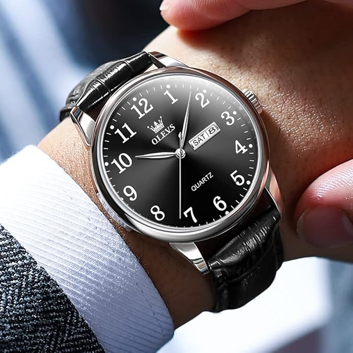 OLEVS Mens Watches Vintage Leather Band Dress Classic Easy Reader Arabic Numerals Analog Quartz Waterproof Date and Day Blue/Black/White Large Face Men's Wrist Watches