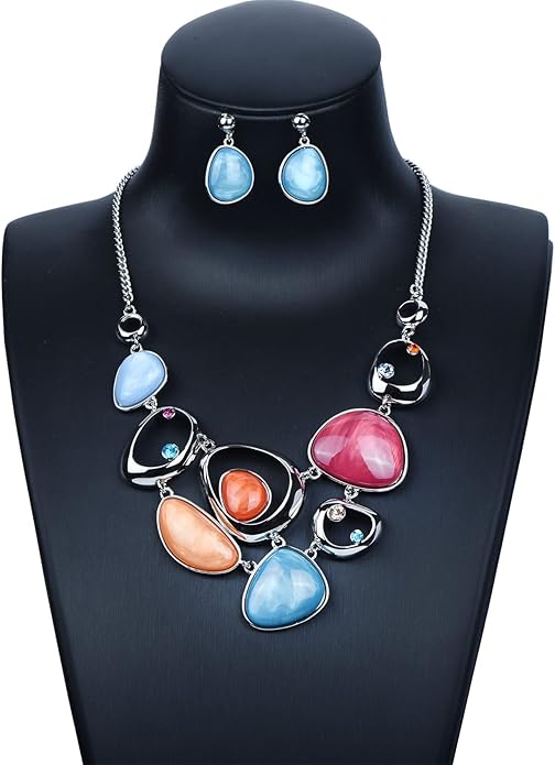 Women's Wedding Party Jewelry Enamel Leaf Rhinestone Cluster Flower Statement Necklace Dangle Earrings Set for Bridal Bridesmaids