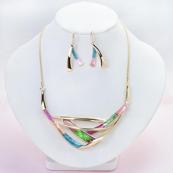 Retro Women's Crystal Floral Petal Leaf Chunky Statement Necklace and Earrings Set Party Jewelry