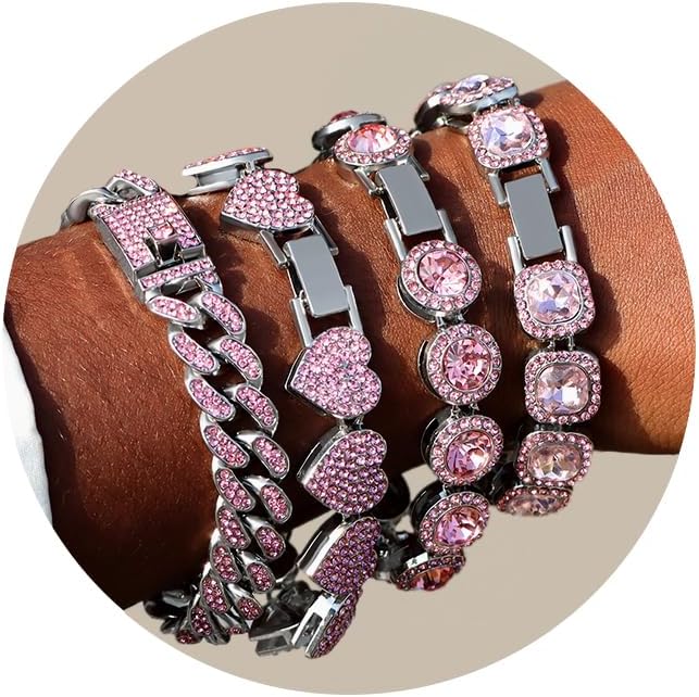 4PCS Gold Bracelets for Women Silver Clustered Tennis Bracelet for Women Heart Round Diamond Cuban Bracelet Layered Link Bracelet Set Fashion Jewelry for Women Set
