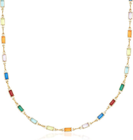 Barzel 18K Gold Plated Multi Stone Crystal Baguette Necklace for Women - Made In Brazil