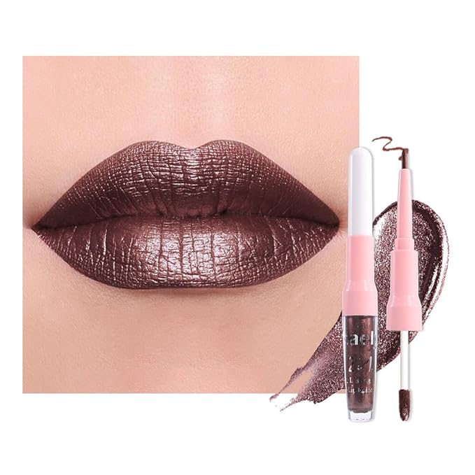 Kaely 2-in-1 Dark Borwn Metallic Lipstick and Lip Liner, Shimmer Liquid Metallic Lipsticks for Women, Glitter Lip Gloss Stain Long Lasting Waterproof Smudge Proof 24 Hour, Vegan Makeup, 11