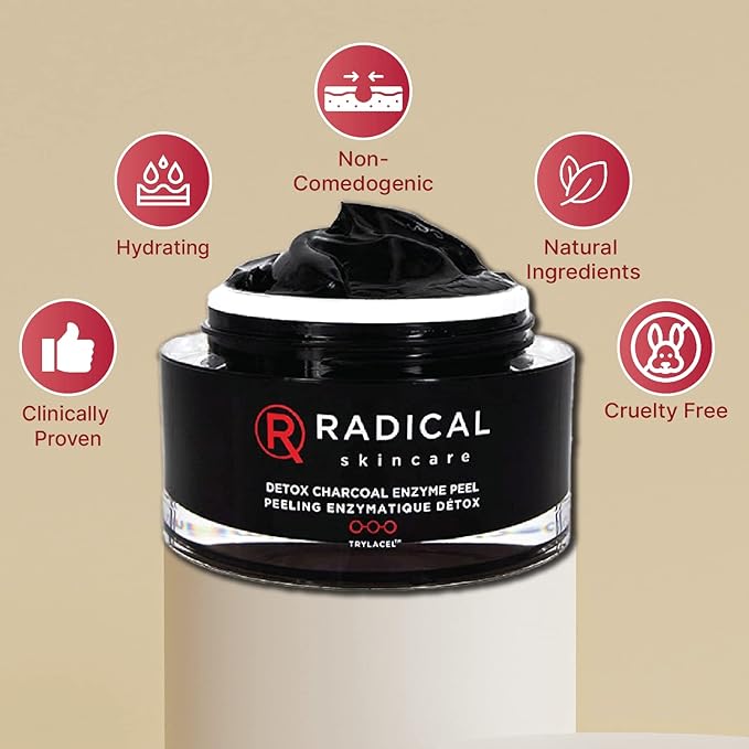 Radical Skincare Detox Charcoal Enzyme Peel - Powerful Formula w/ 11 Fruit Enzymes for Maximum Exfoliation | For All Skin Types Including Sensitive Skin | Cruelty & Paraben Free (1.7 oz)