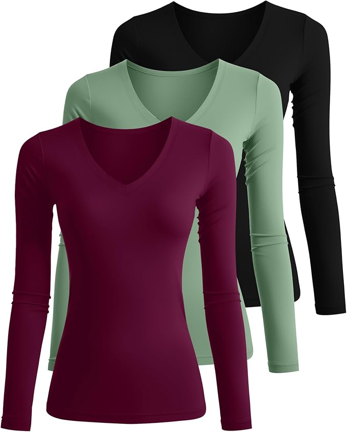 Ficerd 3 Pack Women's Long Sleeve Shirts, V Neck Basic Tees Slim Fitted Casual Fall Tops Going Out Blouses T Shirts
