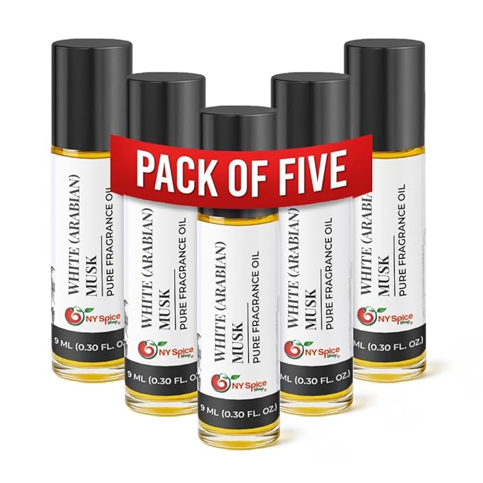 NY Spice Shop White Arabian Musk – Pack of 5 Smooth Aromatic Notes & Oil Based Perfume Blend – Natural Scent Essence with Refreshing Aroma Tone – Traditional Arabian Fragrance for Personal Scents