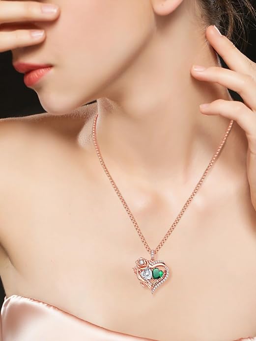 Rose Heart Necklaces for Women, Rose Gold Forever Love Jewelry with 2 Birthstones Pendant, Christmas Anniversarry Birthday Gifts for Her Wife Mom Grandma, 18+2 Inch Chain