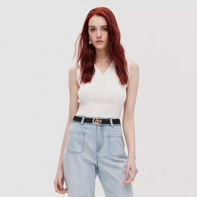 Women's Fashion Classic Metal Buckle Leather Belt with Jeans Dress