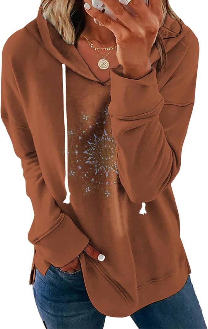 Women's Brown Mandala Print Hoodie Long Sleeve Loose Fit Pullover Sweatshirt With Drawstring For Fall Winter