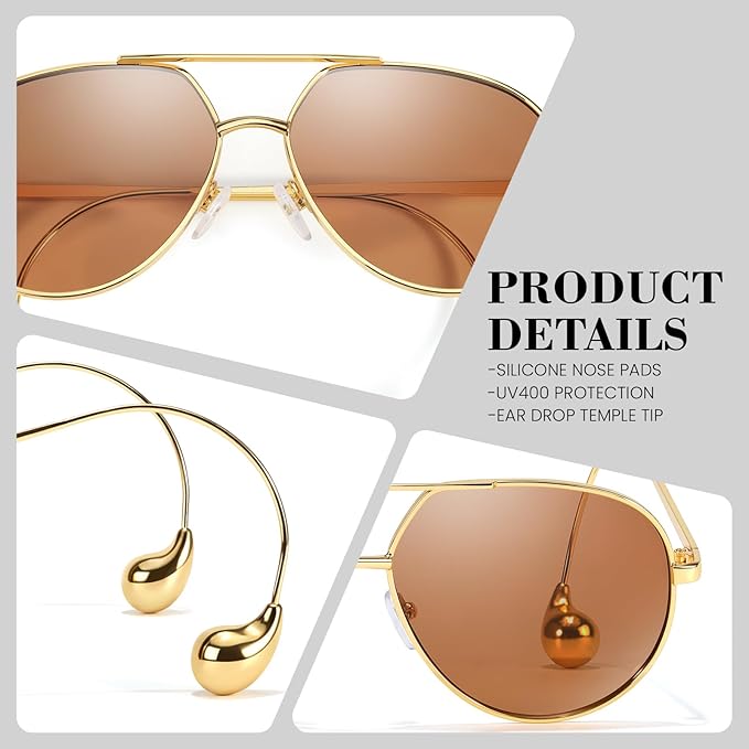 SODQW Trendy Aviator Sunglasses for Women with Earring Gold Metal Frame Fashion Sun Glasses