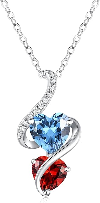 LOUISA SECRET Unique Double Heart Necklace Gifts for Wife Women, 925 Sterling Silver Tiny Birthstone Pendant Jewelry Gift for Her Girlfriend Mom Valentine's Day Anniversary Mother's Day Birthdays & Christmas