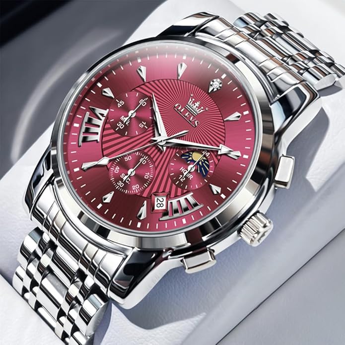 OLEVS Men Silver Watches,Men's Stainless Steel Chronograph Watch,Man Analog Quartz Big Face Male Watches Luxury Waterproof Roman Numeral Dress Diamond Relojes para Hombre