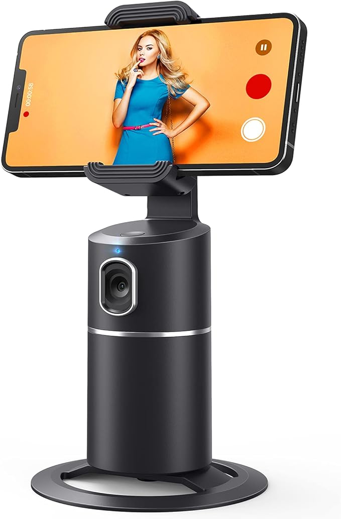 Auto Face Tracking Phone Holder, No App Required, 360° Rotation Face Body Phone Tracking Tripod Smart Shooting Camera Mount for Live Vlog Streaming Video, Rechargeable Battery-Black