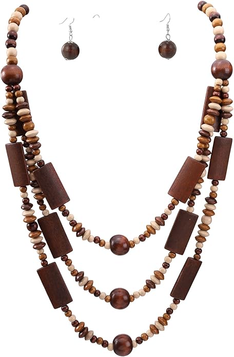 MILAKOO Wood Beads Necklace & Earrings for Women Chunky Multi-Layering Choker Necklace Ear Pendant