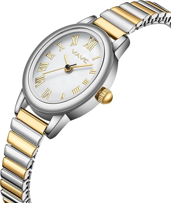 Small Gold Watches for Women,Analog Womens Watch with Stainless Steel Expansion Band,Oval Case Roman Dial,Water Resistant