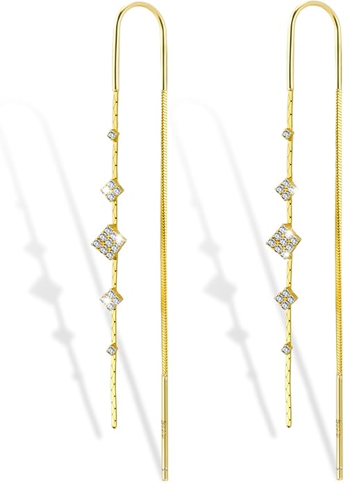 925 Sterling Silver Threader Dangle Earrings for Women - Long Earrings Dangle Chain Drop Earrings Dangling, Dainty Elegant Dangly Ear Chain with Tassel and Cubic Zirconia for Prom Wedding Trendy Jewelry Accessories