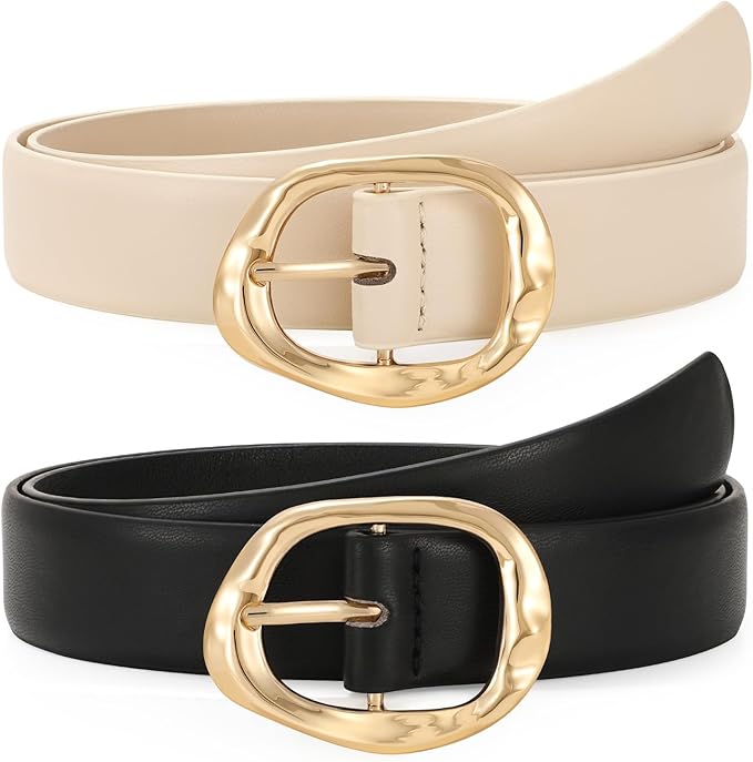 TRIWORKS 2 Pack Leather Belts for Women Fashion Waist Belt with Liquid Shapes Women Belt for Jeans Pants Dresses