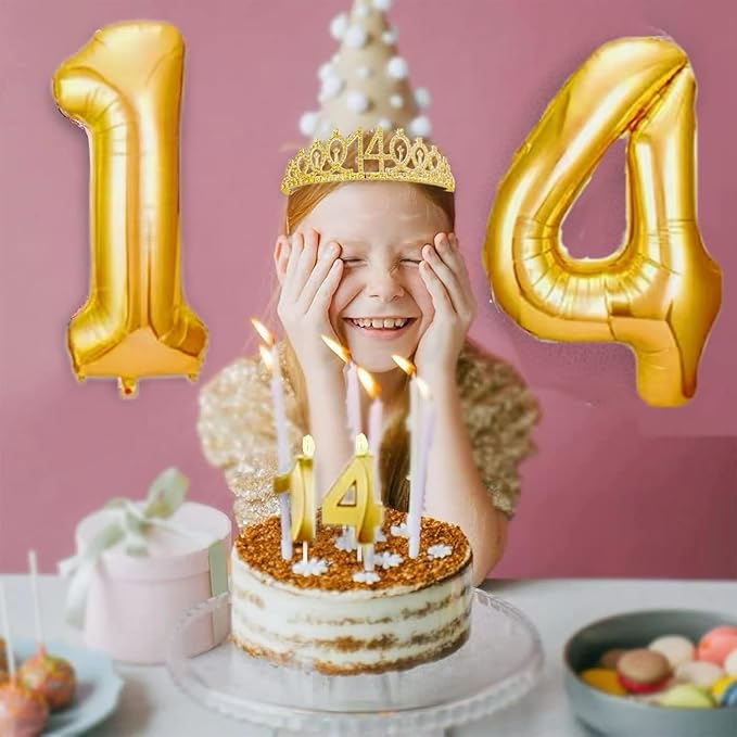14th Birthday Decorations for Her Girls Set, Include 14th Birthday Crown and 14 Sash, 14th Birthday Cake Topper and 14 Birthday Candles, Gold 14 Balloons, Women 14th Party Supplies(Gold)