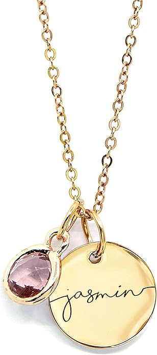 MignonandMignon Birthstone Name Necklace Personalized Gifts for Women Jewelry for Mom Gold Plated Pendant Charm, Custom Grandma Birthday Holiday Gifts -CN-BS-SH