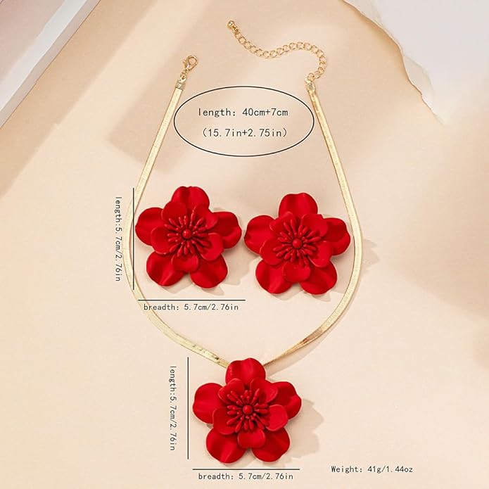 Vintage Flower Necklace Earring Set Gold Snake Chain Necklace Bohemian Red Flowers Choker Necklaces Hypoallergenic Statement Flower Stud Earrings Elegant Bridal Wedding Summer Beach Jewelry