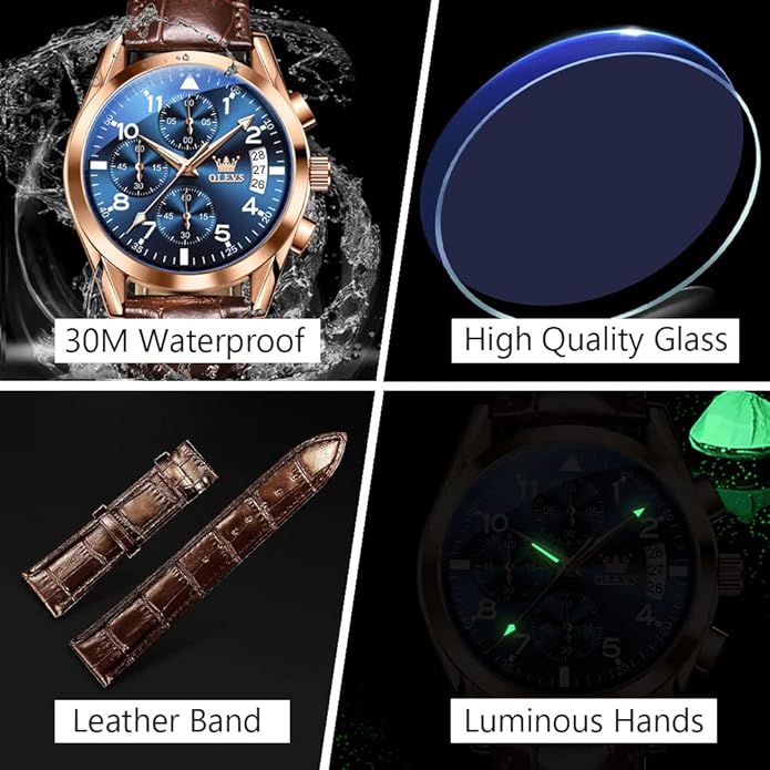 OLEVS Men's Casual Leather Watch, Big Face Chronograph Watch for Men, Fashion Easy to Read Dress Watch, Men's Waterproof Luminous Date Analog Watch, Gold/Black/White/Blue Dial