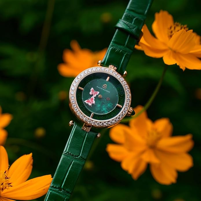 Women's Watch Butterfly Watches for Women Moving Butterflys Hands with Genuine Leather Strap Bee Watches for Women BLACK BY BLUE BRAVE Butterfly Lovers, Sapphire Crystal Glass combining Cubic Zirconia Stones and 3.5mm Synthetic Crystal Women's Wrist Watch