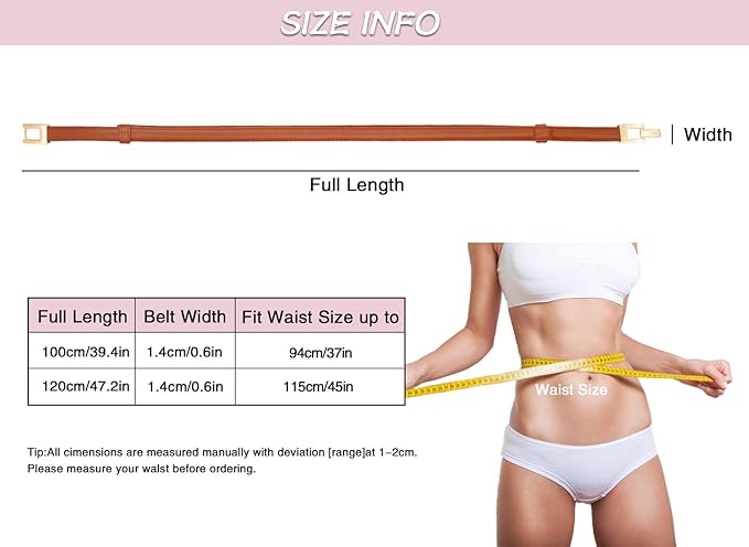 Women Skinny Belts, Thin Genuine Leather Waist Belts with Gold Buckle for Dresses