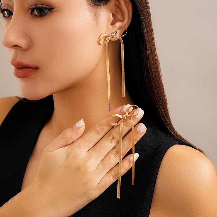 8YEARS Gold Bow Earrings for Women Dainty Ribbon Bow Stud Earrings Gold Dangle Drop Tassel Earrings Long Chain Earrings With 925 Sterling Silver Post Trendy Jewelry Gift (Long Gold Chain Tassel)