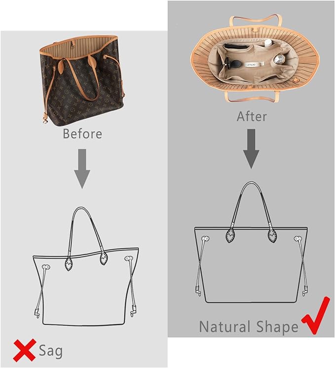 ZTUJO Purse Organizer Insert For Handbags, Silk Purse Organizer with Zipper, Silky Smooth, Bag Organizer For Speedy Neverfull Tote,onthego,Artsy, 6 Sizes(Small, Silky Beige)