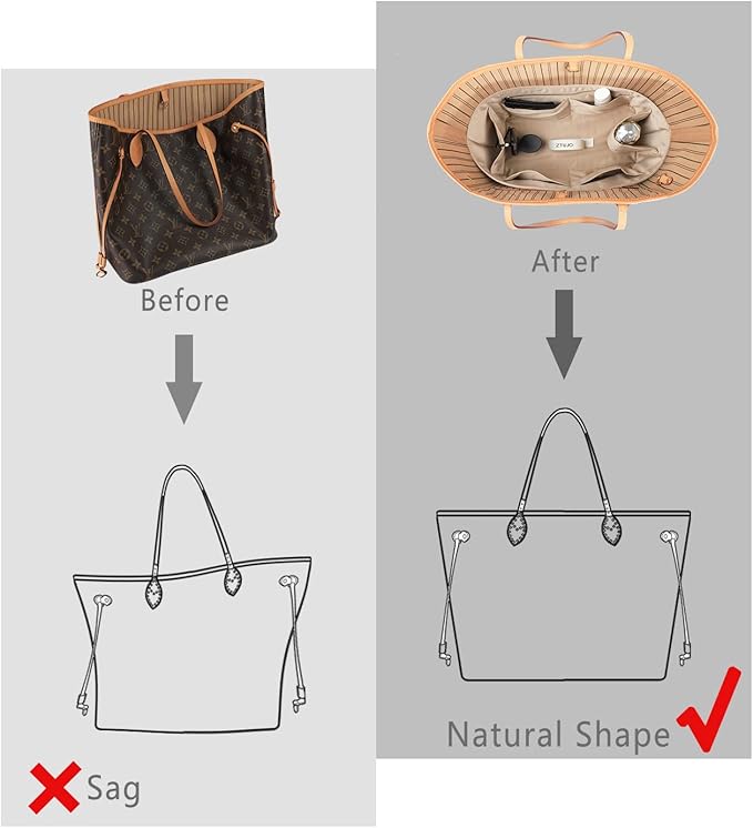 Purse Organizer Insert For Handbags, Silk Purse Organizer with Zipper, Silky Smooth, Bag Organizer For Speedy Neverfull Tote,onthego,Artsy, 6 Sizes(Large, Silky Beige)