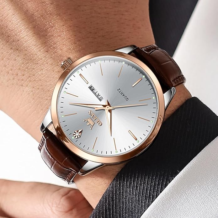 OLEVS Mens Watches Vintage Leather Band Dress Classic Easy Reader Arabic Numerals Analog Quartz Waterproof Date and Day Blue/Black/White Large Face Men's Wrist Watches
