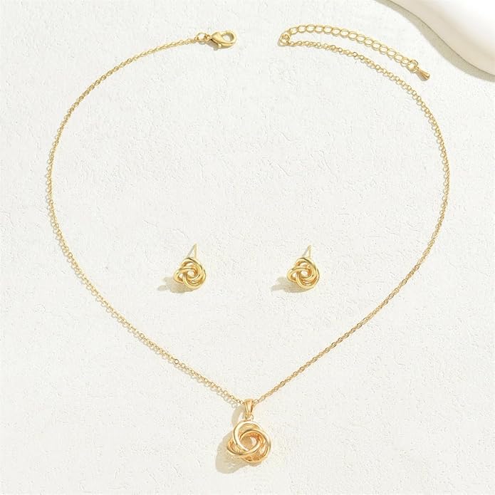Hebelee Minimalist Love Knot Stud Earrings and Necklace Jewelry Set for Women Gold-Toned Simple Circle Knot Pendant Necklaces Adjustable Link Chain Dainty Studs Earring for Wedding Anniversary
