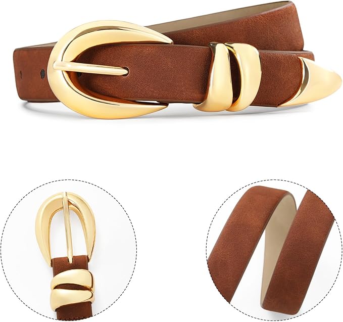 Belts for Women with Gold Buckle – Adjustable Black leather Belt for Jeans, Dress, Pants