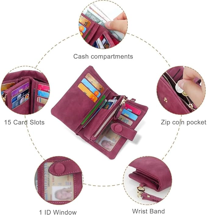 Women's Leather Wristlet Wallet, Bifold RFID Purse with ID Window, Zipper Coin Pocket for Daily Essentials (fuchsia)