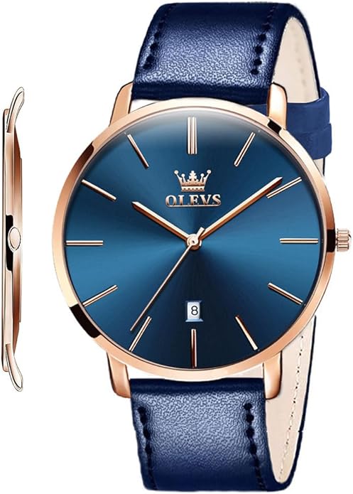 OLEVS Mens Watches Minimalist Ultra Thin Fashion Casual Analog Quartz Date Watch Waterproof Slim Simple Big Face Dress Wrist Watch Leather Band for Men