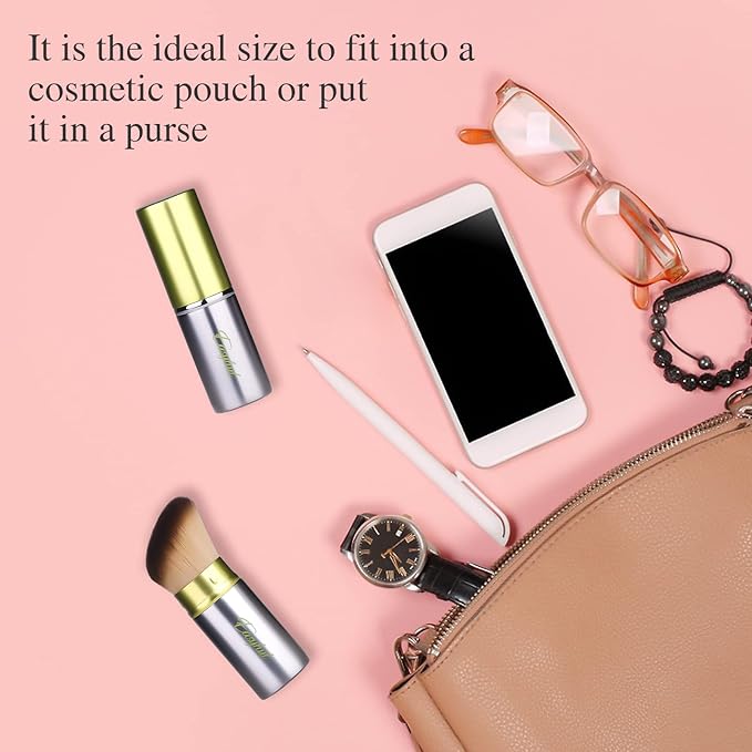 Retractable Kabuki Makeup Brushes 2 Pcs Blush Brushes Set Portable Powder Brushes with Flat and Angled Top for Liquid Cream Cosmetics Travel, large/1.18inch(Silver Green)