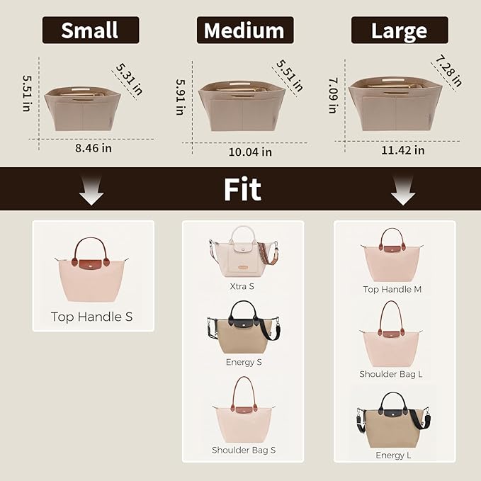 ZTUJO Purse Organizer Insert For Longchamp Le Pliage, Premium Felt Longchamp Purse Organizer Insert Small Medium Large, Tote Organizer Insert (Beige, Small For Handle S)