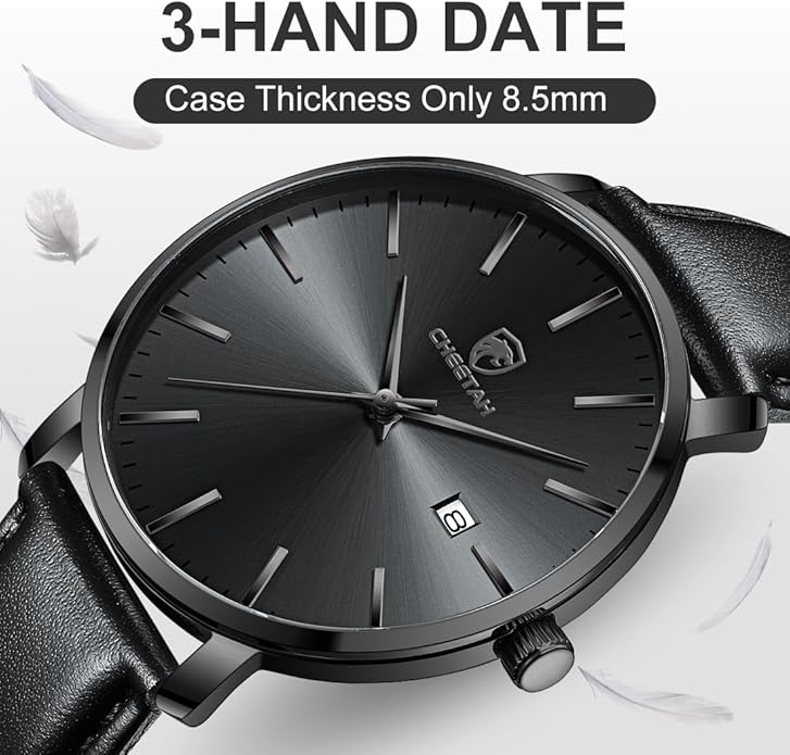 CHEETAH Minimalist Waterproof Quartz Watches for Men with Leather Strap, Auto Date