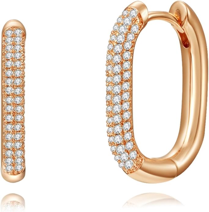 14K Gold Plated Cubic Zirconia Hoop Earrings,Three Row Diamon | Arrows | Double Row of Diamonds Huggie Earrings for Women