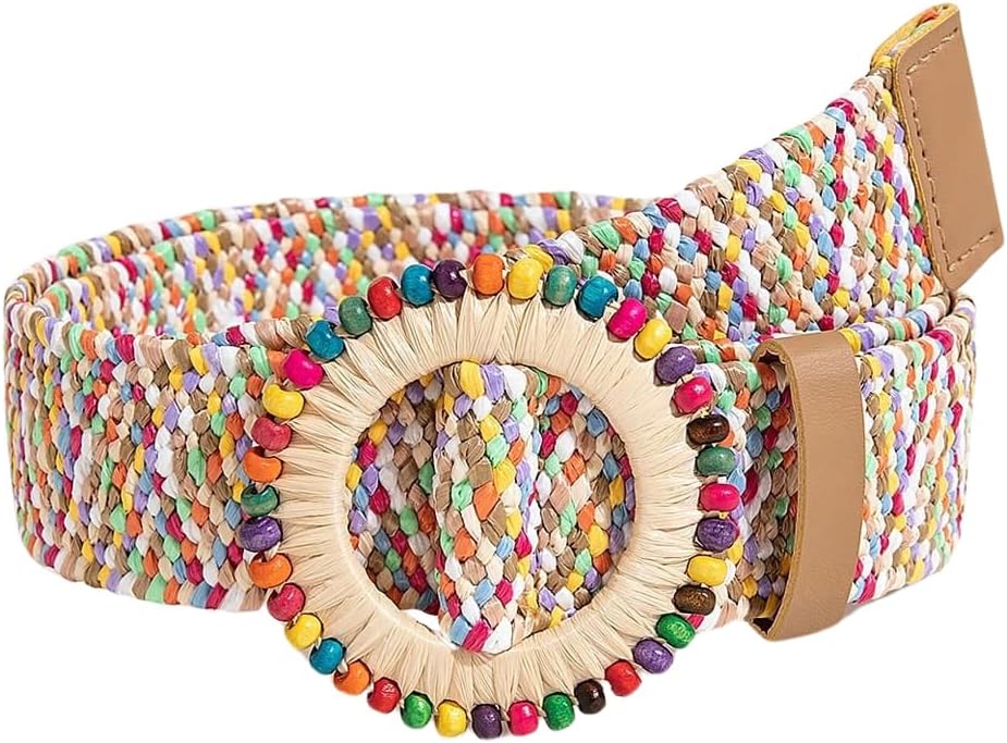 Verdusa Women's Western Belt Cowgirl Boho Straw Belts Round Buckle Elastic Waist Belt