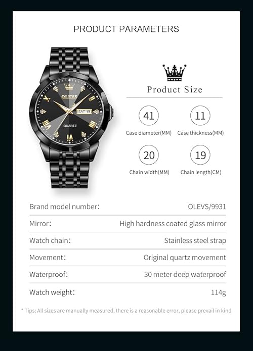 OLEVS Mens Watch Stainless Steel Analog Quartz Watches for Men Day Date Easy Read Diamond Waterproof Dress Luxury Classic Casual Big Face Blue/Black/Gold/Silver Roman Arabic Numerals Men's Wrist Watch