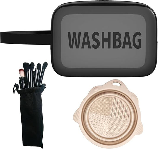 3-in-1 Black Waterproof Makeup Bag Set - Includes Travel Cosmetic Case, Daily Eyeshadow Brushes & Foldable Brush Cleaning Bowl, All-in-One Organizer for Beauty Lovers