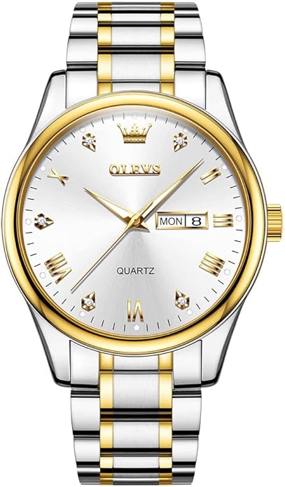 Men's Casual Stainless Steel Watch, Big Face Easy to Read Analog Quartz Watch with Day and Date, Classic Waterproof Diamond Roman Arabic Numerals Dial Dress Watch for Men, Gold Silver Black Band