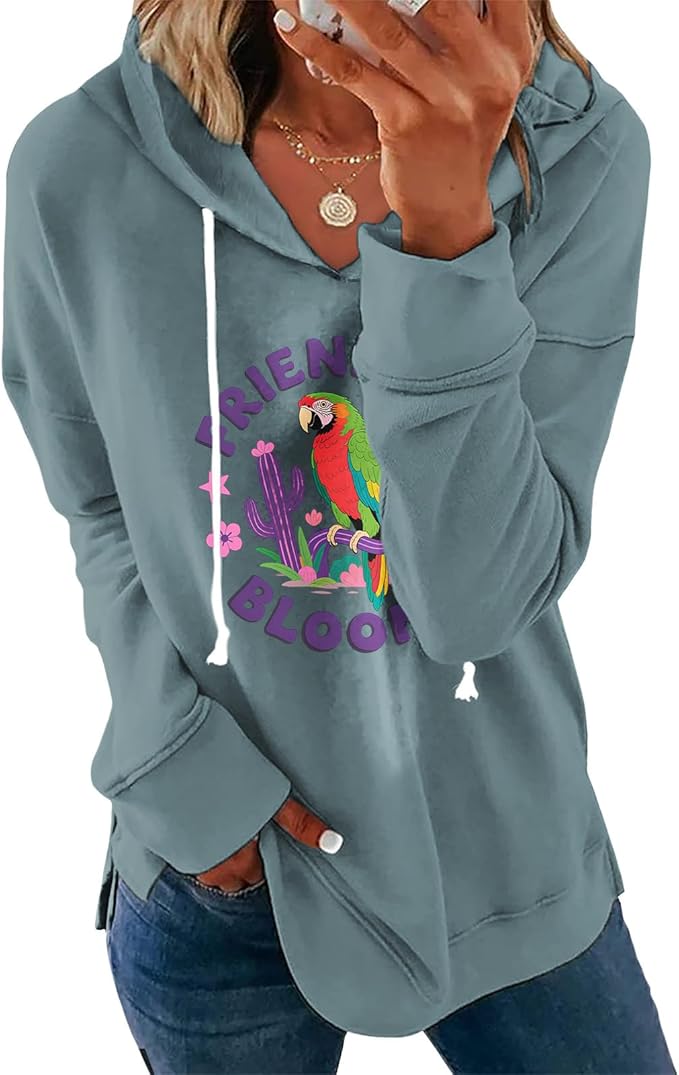 Womens Casual Loose Fit Pullover Sweatshirt with Artistic Print Drawstring Hood Long Sleeve Cotton Blend for Fall