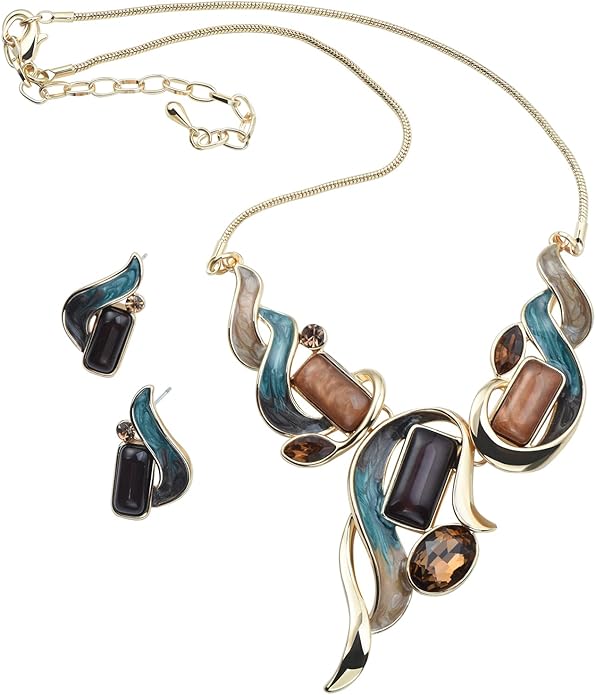 Retro Women's Crystal Floral Petal Leaf Chunky Statement Necklace and Earrings Set Party Jewelry