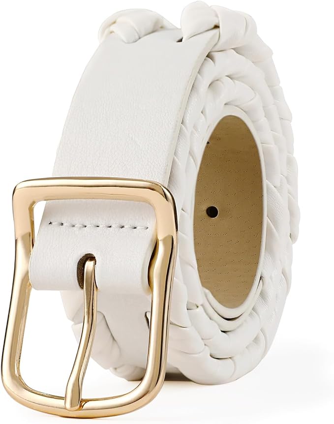 Womens White Belts with Gold Buckle Leather Belts for Women Ladies Fashion Waist Belt