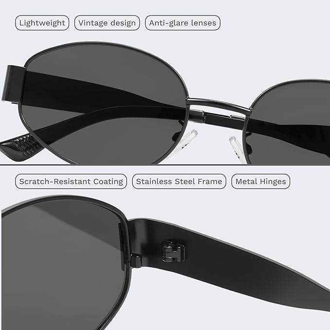 livho Retro Polarized Sunglasses - UV400 Protection, Oval Shape, Metal Frames - Matching Soft Case Inlcuded
